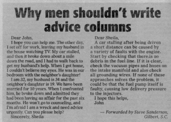 Why Men should not write Advice Columns 
